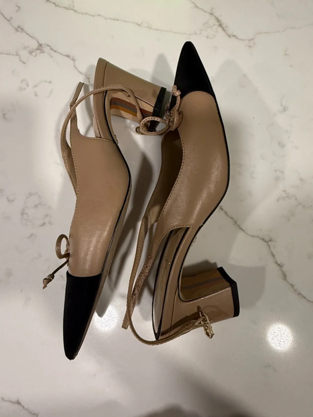 Sam Edelman Beige and Black Pointed Slingback Heels with Bow